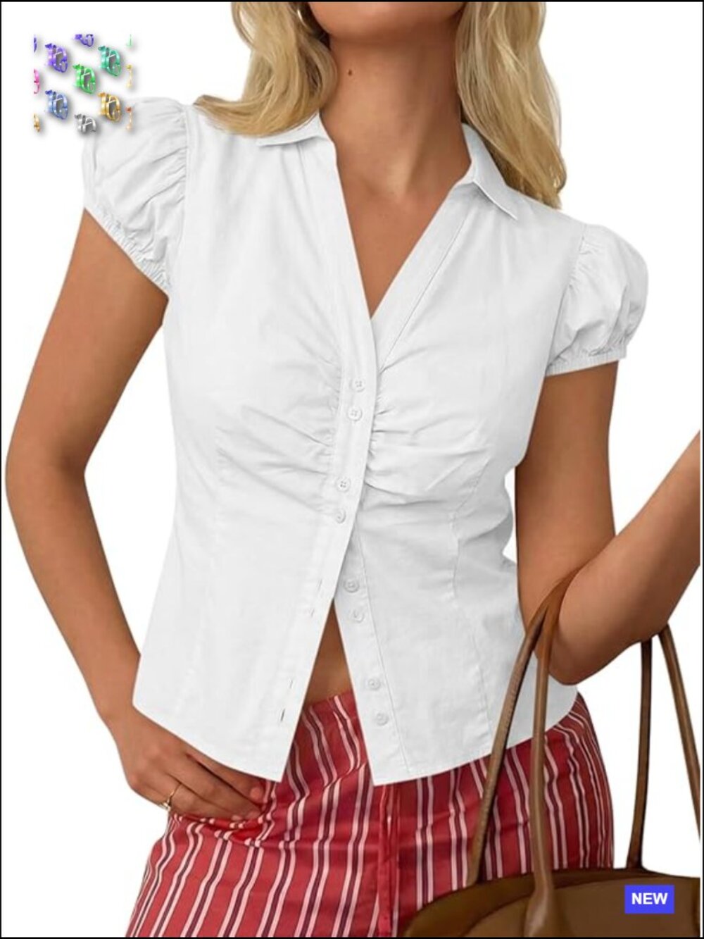 Puff Sleeve Button Down Shirt V Neck Ruched Cotton Blouse Casual Dressy Slim